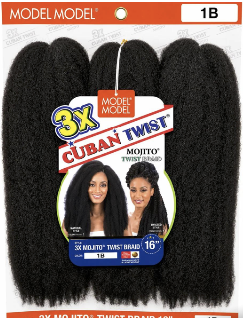 Model Model 3X Mojito Cuban Twist Braid 16 inch hair in color 1B